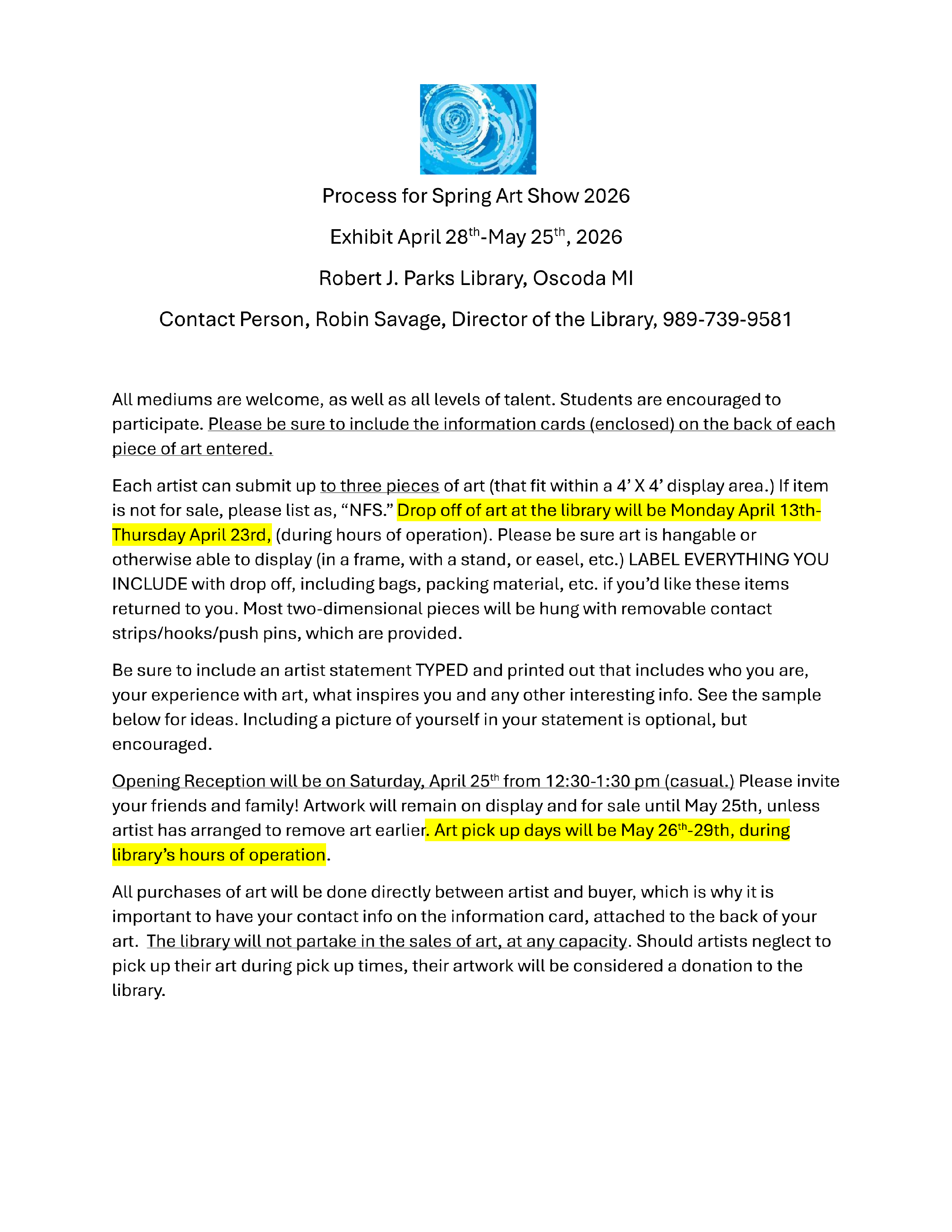 Process for spring art show Instructions 2026